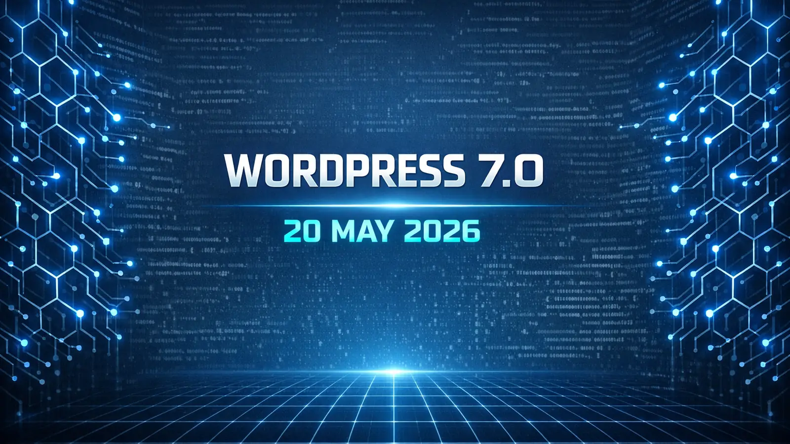 WordPress 7.0 release timeline and features overview with the WordPress logo and version number