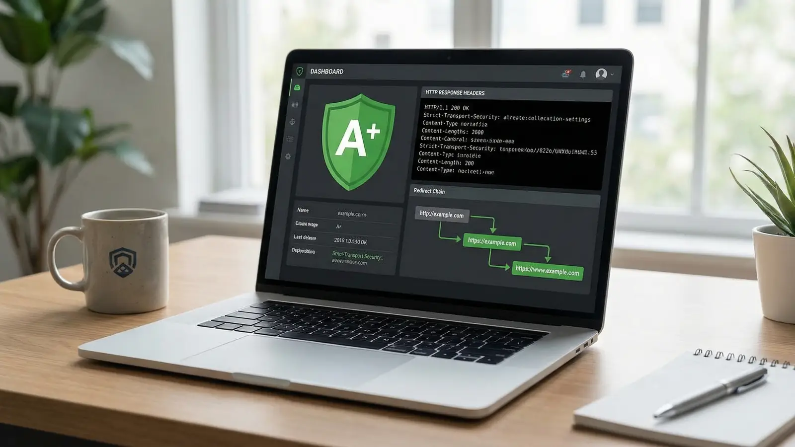 Browser developer tools showing HTTP response headers with security grade overlay and shield icon